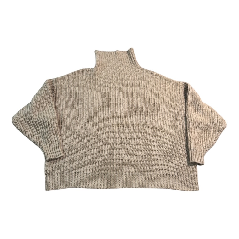 Free People Oversized Chunky Knit Sweater XS Mock Neck Ribbed Boxy‎ Beige Tan